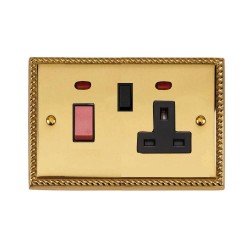 45A Cooker Unit with a 13A Switched Socket and Neon Indicators Georgian Polished Brass Rope Edge Raised Plate Black Trim and Switch