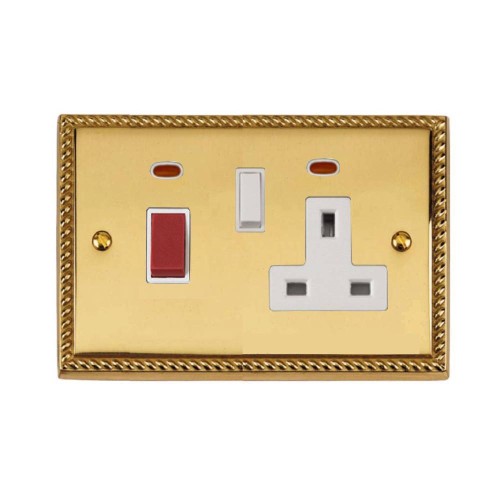 45A Cooker Unit with a 13A Switched Socket and Neon Indicators Georgian Polished Brass Rope Edge Raised Plate White Trim and Switch