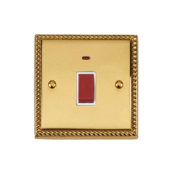 1 Gang 45A Red Rocker Cooker Switch with Neon on a Single Plate Georgian Polished Brass Rope Edge Raised Plate White Trim