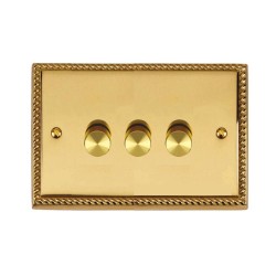 3 Gang 2 Way 400W Push On/Off Rotary Dimmer Switch Georgian Polished Brass Rope Edge Raised Plate