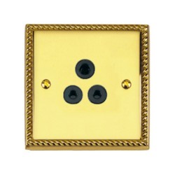 1 Gang 5A 3 Round Pin Unswitched Socket Georgian Polished Brass Rope Edge Raised Plate Black Trim