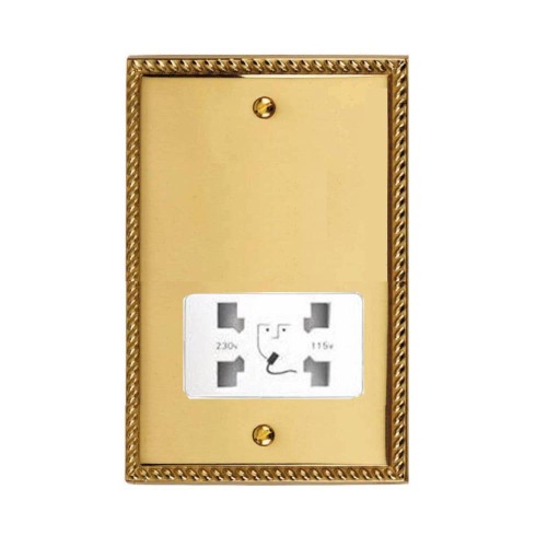 Shaver Socket Dual Voltage Output 110/240V Georgian Polished Brass Rope Edge Raised Plate with White Trim