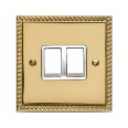 2 Gang 2 Way 6A Rocker Switch Georgian Polished Brass Rope Edge Raised Plate White Plastic Rockers and Trim