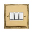 3 Gang 2 Way 6A Rocker Switch Georgian Polished Brass Rope Edge Raised Plate White Plastic Rockers and Trim