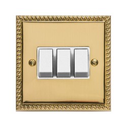 3 Gang 2 Way 6A Rocker Switch Georgian Polished Brass Rope Edge Raised Plate White Plastic Rockers and Trim