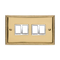 4 Gang 2 Way 6A Rocker Switch Georgian Polished Brass Rope Edge Raised Plate White Plastic Rockers and Trim