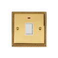 1 Gang 20A Double Pole Switch with Neon Georgian Polished Brass Rope Edge Raised Plate White Plastic Rocker and Trim