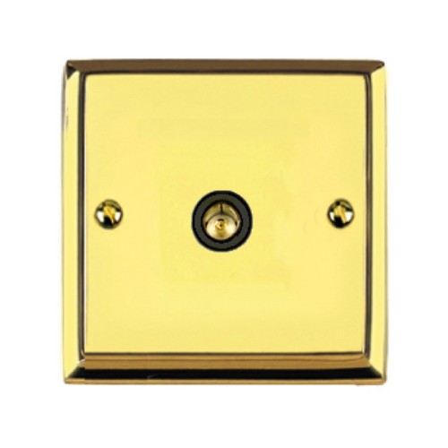 1 Gang TV/Coaxial Non-Isolated Socket Raised Plate Edwardian Polished Brass Stepped Edge Black Trim