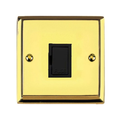 1 Gang 13A Unswitched Fused Spur Raised Plate Edwardian Polished Brass Stepped Edge Black Trim