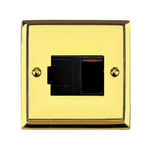 1 Gang 13A Switched Fused Spur Raised Plate Edwardian Polished Brass Stepped Edge Black Trim
