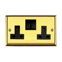2 Gang 13A Switched Twin Socket Raised Plate Edwardian Polished Brass Stepped Edge Black Rockers and Trim