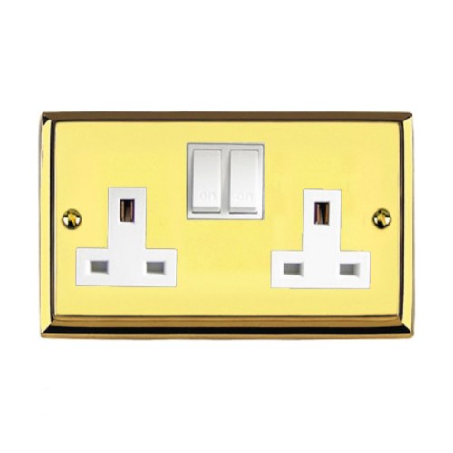 2 Gang 13A Switched Twin Socket Raised Plate Edwardian Polished Brass Stepped Edge White Rockers and Trim