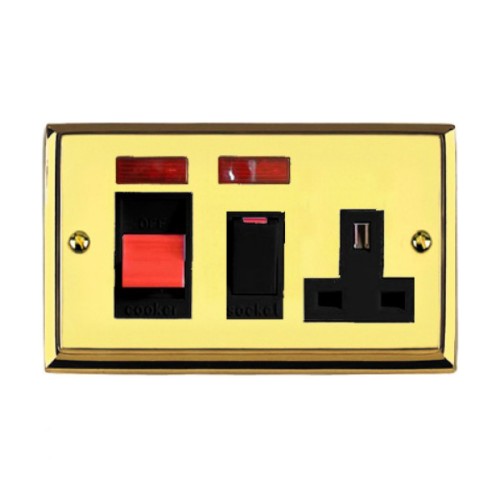 45A Cooker Unit with 13A Socket and Neon Indicators Raised Plate Edwardian Polished Brass Stepped Edge Black Trim