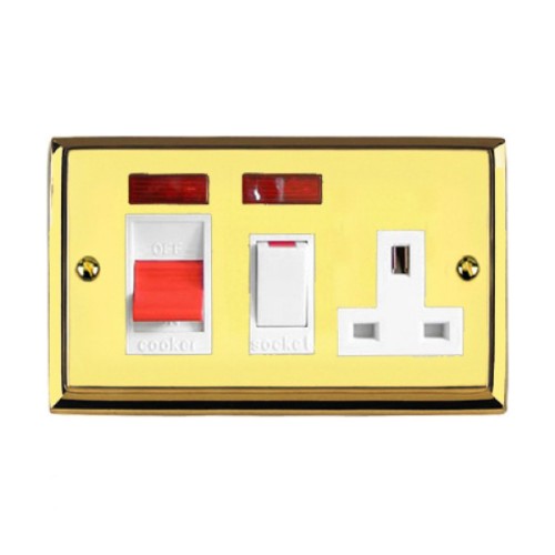 45A Cooker Unit with 13A Socket and Neon Indicators Raised Plate Edwardian Polished Brass Stepped Edge White Trim