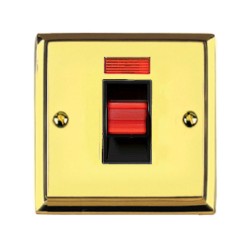 1 Gang 45A Cooker Switch with Neon Single Plate Raised Plate Edwardian Polished Brass Stepped Edge Black Trim Red Rocker