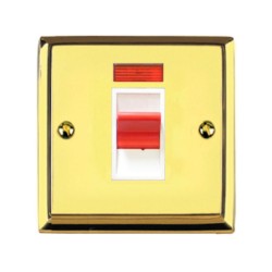 1 Gang 45A Cooker Switch with Neon Single Plate Raised Plate Edwardian Polished Brass Stepped Edge White Trim Red Rocker