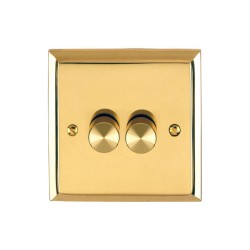 2 Gang 2 Way 10-120W LED Dimmer Raised Plate Edwardian Polished Brass Stepped Edge