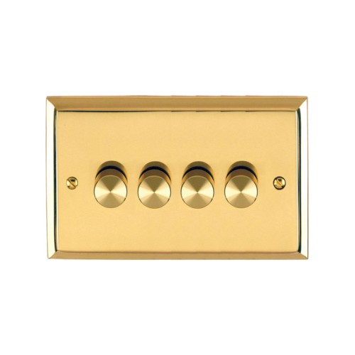 4 Gang 2 Way 10-120W LED Dimmer Raised Plate Edwardian Polished Brass Stepped Edge