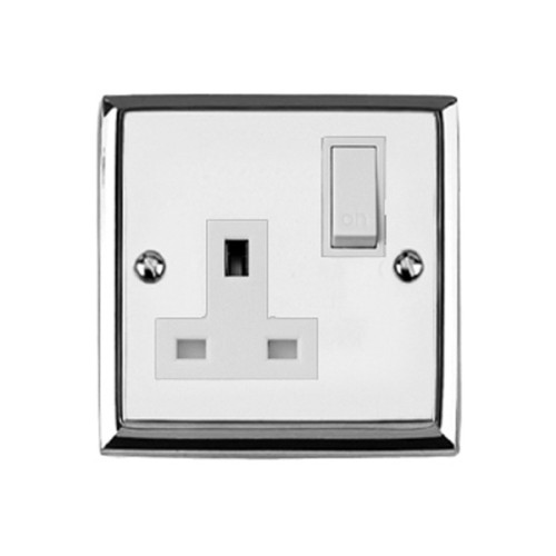 1 Gang 13A Switched Single Socket Edwardian Raised Polished Chrome with Stepped Edge White Rocker and Trim