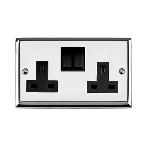 2 Gang 13A Switched Twin Socket Edwardian Raised Polished Chrome with Stepped Edge Black Rockers and Trim