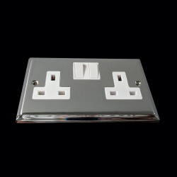 2 Gang 13A Switched Twin Socket Edwardian Raised Polished Chrome with Stepped Edge White Rockers and Trim