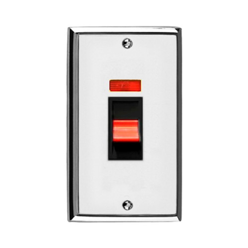 45A Cooker Switch with Neon on Twin Plate Edwardian Raised Polished Chrome with Stepped Edge Red Rocker Black Trim
