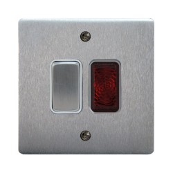 1 Gang 20A Double Pole Switch with Neon in Satin Chrome and White Plastic Trim Stylist Grid Flat Plate