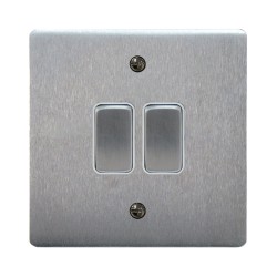 2 Gang 2 Way 10A Rocker Grid Switch in Satin Chrome and White Plastic Trim Stylist Grid Flat Plate