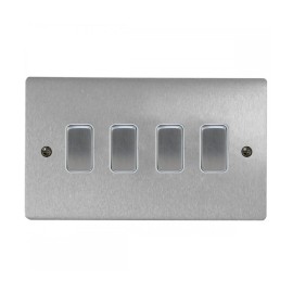 4 Gang 2 Way 10A Rocker Grid Switch in Satin Chrome and White Plastic Trim Stylist Grid Flat Plate
