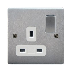 1 Gang 13A Switched Single Socket in Satin Chrome and White Plastic Trim Stylist Grid Flat Plate