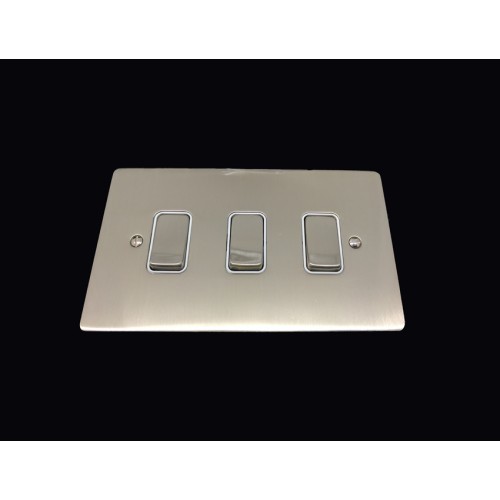 3 Gang 2 Way 10A Rocker Grid Switch in Satin Nickel Brushed and White Plastic Trim Stylist Grid Flat Plate