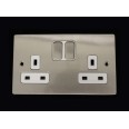 2 Gang 13A Switched Double Socket in Satin Nickel Brushed Plate and Switch with White Plastic Trim Stylist Grid Range