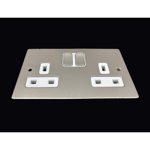 2 Gang 13A Switched Double Socket in Satin Nickel Brushed Plate and Switch with White Plastic Trim Stylist Grid Range