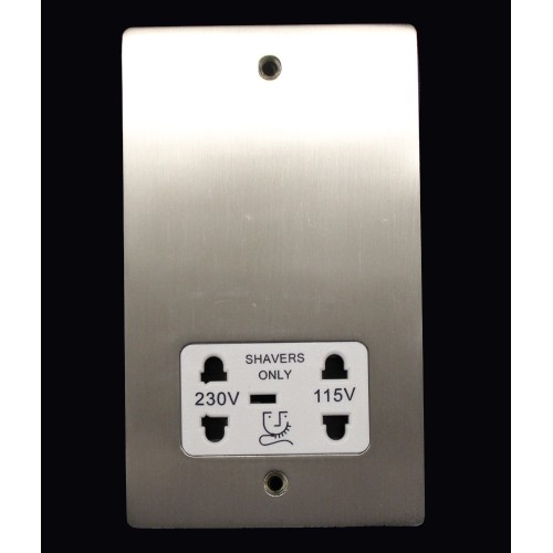 Shaver Socket Dual Voltage Output 110/240V in Satin Nickel Brushed and White Plastic Trim, Stylist Grid Flat Plate