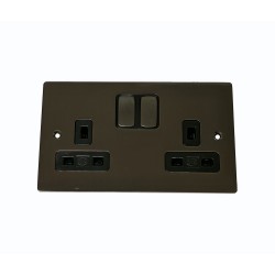 2 Gang 13A Switched Double Socket in Polished Bronze and Black Insert Stylist Grid Flat Plate