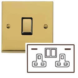 2 Gang 13A Socket with 2 USB Sockets Low Profile Polished Brass Plate and Rockers with Black Plastic Trim Richmond Elite