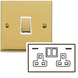 2 Gang 13A Socket with 2 USB Sockets Low Profile Polished Brass Plate and Rockers with White Plastic Trim Richmond Elite