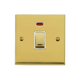 1 Gang 20A DP Switch with Neon Indicator in Polished Brass Low Profile Plate with White Trim, Richmond Elite