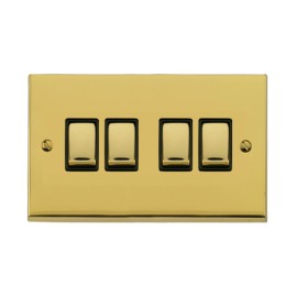 4 Gang 2 Way 10A Switch in Polished Brass Low Profile Plate and Black Trim, Richmond Elite