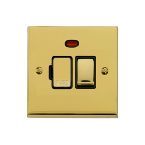 1 Gang 13A Switched Spur with Neon Light in Polished Brass Low Profile Plate and Black Trim, Richmond Elite