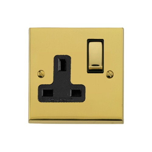 1 Gang 13A Switched Single Socket in Polished Brass Low Profile Plate and Black Trim, Richmond Elite