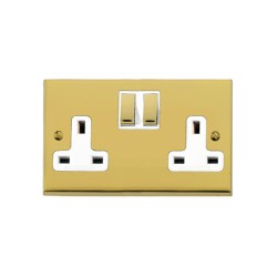 2 Gang 13A Switched Double Socket in Polished Brass Low Profile Plate and White Trim, Richmond Elite