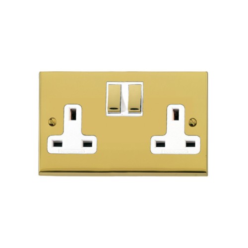 2 Gang 13A Switched Double Socket in Polished Brass Low Profile Plate and White Trim, Richmond Elite