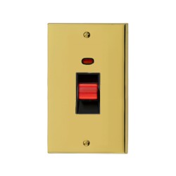 45A Cooker Switch (twin plate) Red Rocker in Polished Brass Low Profile Plate and Black Trim, Richmond Elite