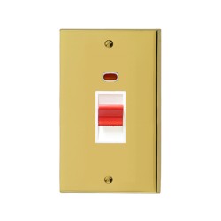 45A Cooker Switch (twin plate) Red Rocker in Polished Brass Low Profile Plate and White Trim, Richmond Elite