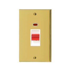 45A Cooker Switch (twin plate) Red Rocker in Polished Brass Low Profile Plate and White Trim, Richmond Elite