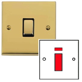 1 Gang 45A Red Rocker Cooker Switch in Polished Brass Low Profile Plate and Black Trim, Richmond Elite
