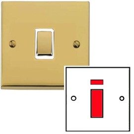 1 Gang 45A Red Rocker Cooker Switch in Polished Brass Low Profile Plate and White Trim, Richmond Elite