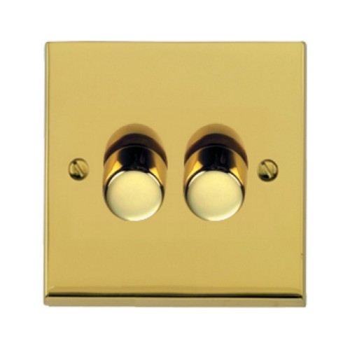 2 Gang 2 Way Trailing Edge LED Dimmer 10-120W Polished Brass Low Profile Plate, Richmond Elite