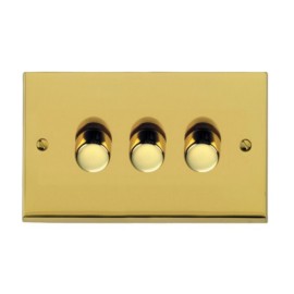 3 Gang 2 Way Trailing Edge LED Dimmer 10-120W Polished Brass Low Profile Plate, Richmond Elite